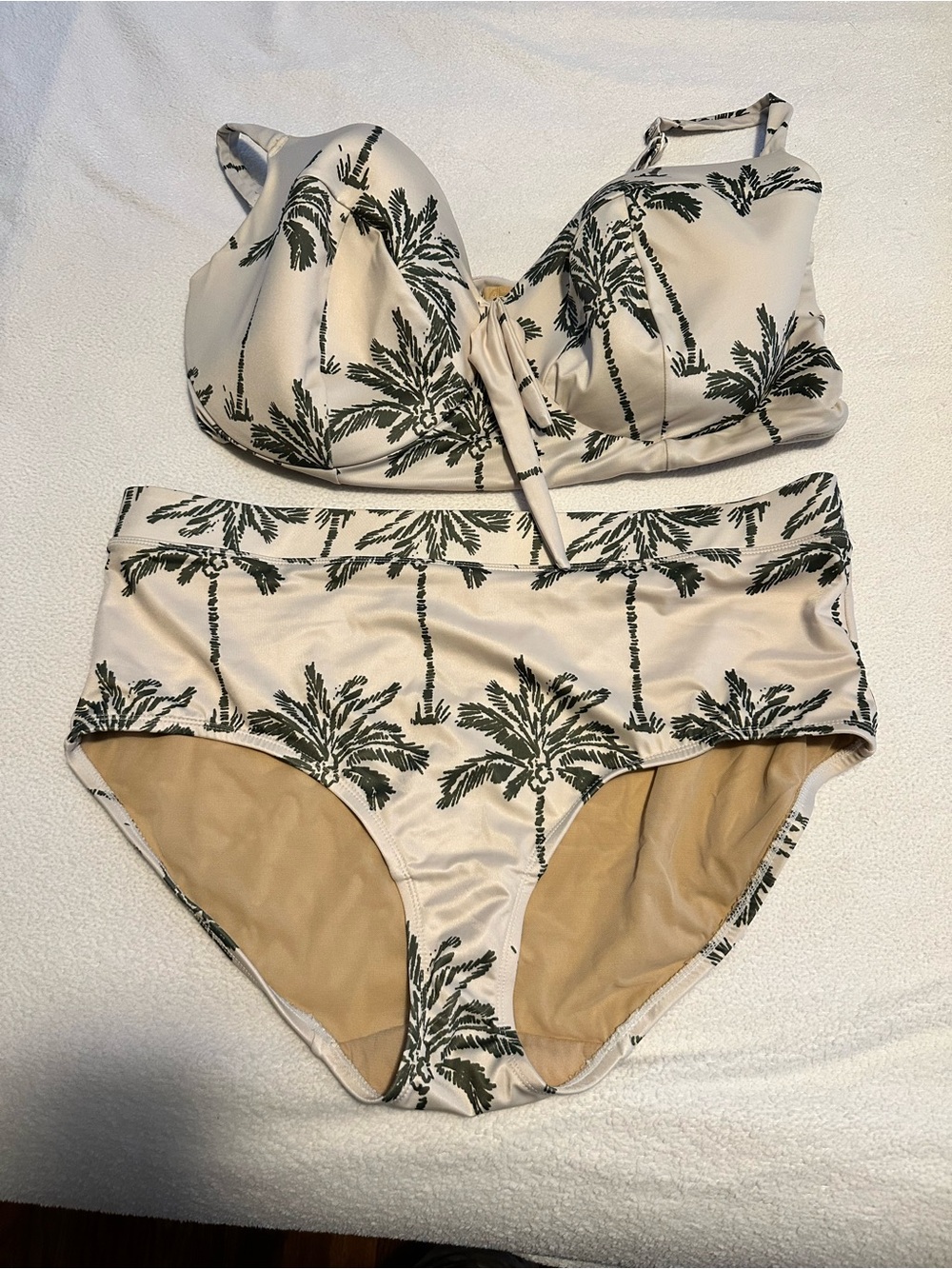 Cacique Cream Bikini Set with Dark Green Palm Print